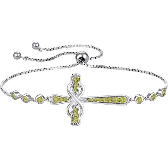 Cross 925 Sterling Silver Infinity 6 Stone Bracelet - B: 08-peridot-Aug